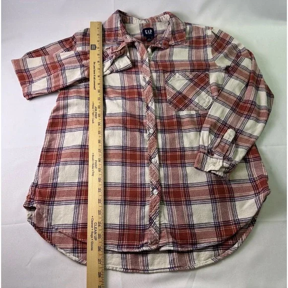GAP Women Flannel Plaid Shirt Red Cream Blue Long Sleeve Button‎ Up Size L - Picture 7 of 9